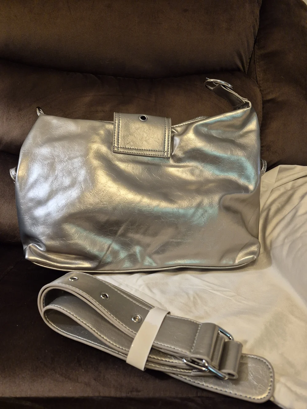 Metallic Silver Studded Hobo Bag with Detachable Strap
